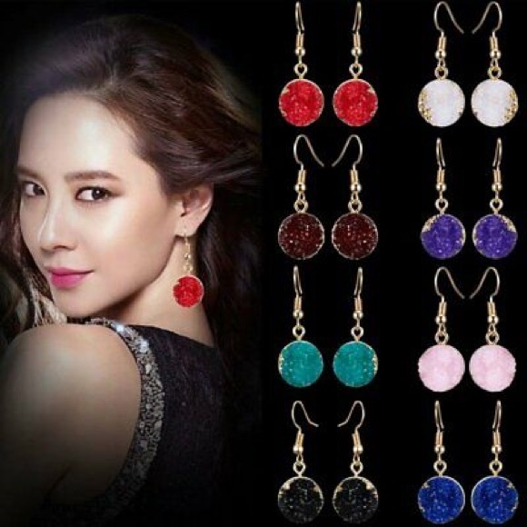 Stone Druzy Resin Drop Dangle Earring Pink - Picture 3 of 5